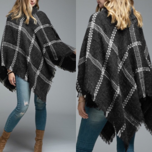 Plaid Poncho Turtleneck Windowpane Print With Fringe Frayed Hem  NWT - Picture 9 of 10